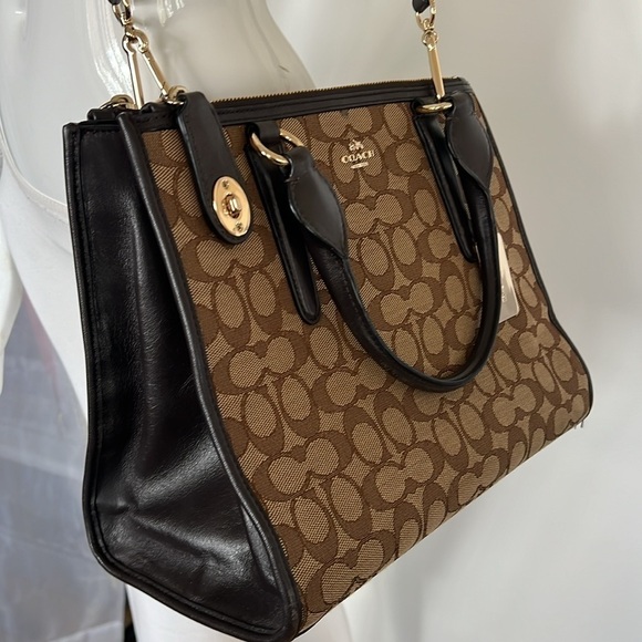 Coach Jacquard Logo and Brown Leather Satchel Shoulder Crossbody Bag - Picture 6 of 16